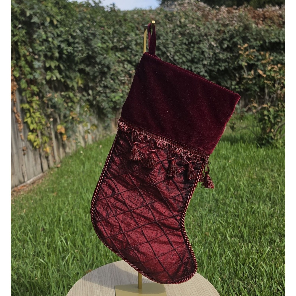 Burgundy Velvet Christmas Stocking Quilted Gold Tassel Trim Luxury